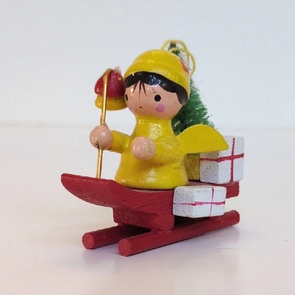 Vintage 70s Miniature Wooden Angel Christmas Ornament - Yellow Sled Tree